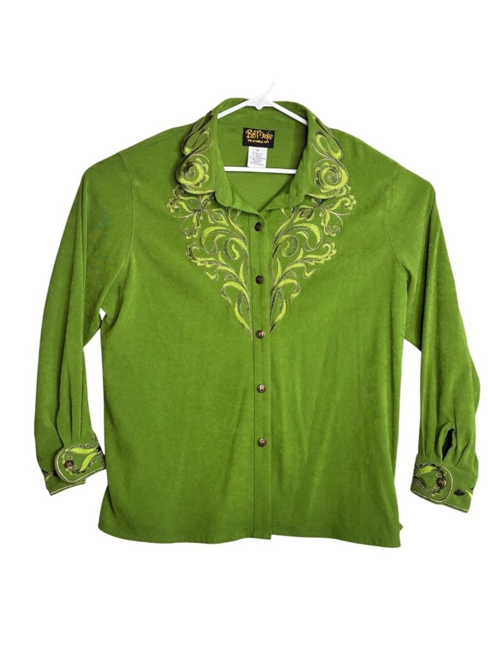 Bob Mackie Wearable Art Shirt 1X Green Embroidered Floral Button Up L/S Plus